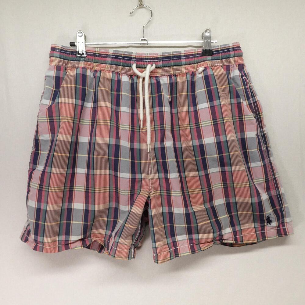 VTG Polo Ralph Lauren Swim Trunks Mens Large Pink Plaid Mesh Lined Preppy